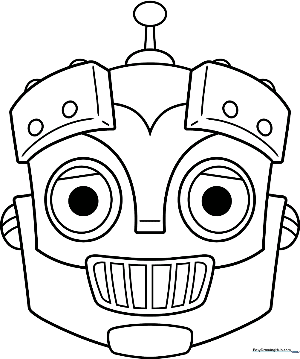 Black and white line art of a friendly robot face with large circular eyes and a grid-patterned mouth, ready for coloring.