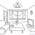 Line art of a room interior showing walls, floor, and ceiling lines converging toward a central vanishing point for perspective practice.