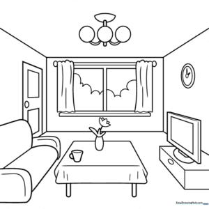 Line art of a room interior showing walls, floor, and ceiling lines converging toward a central vanishing point for perspective practice.