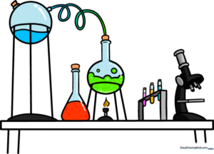 Hand-drawn illustration of a science laboratory featuring beakers, flasks, and a microscope on a desk.
