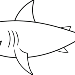 A friendly cartoon shark with a wide smile and simple outlines, designed for children to color with crayons or markers.