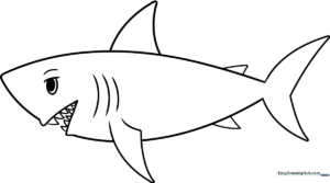 A friendly cartoon shark with a wide smile and simple outlines, designed for children to color with crayons or markers.