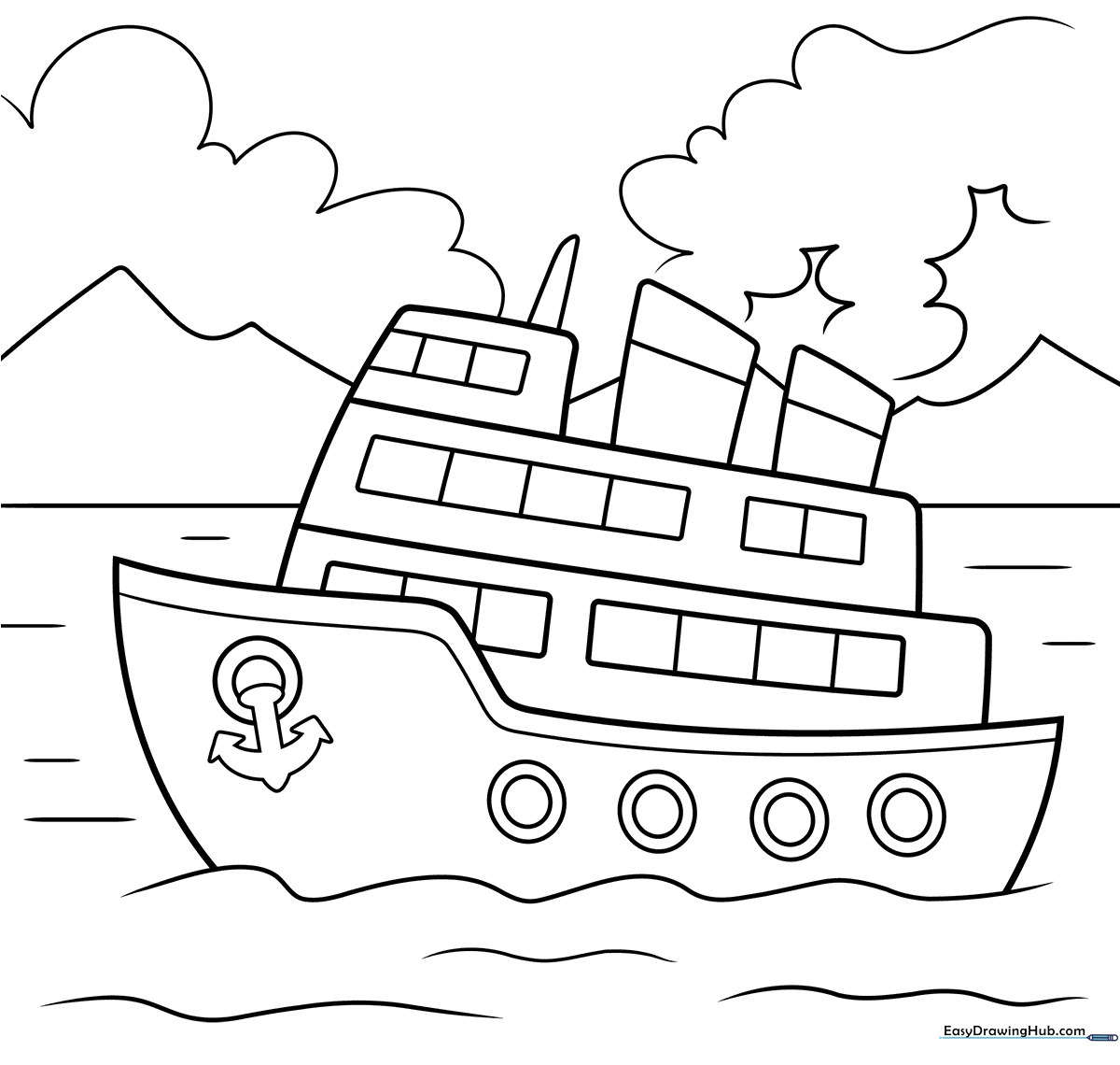 A clean, bold-lined coloring page of a friendly cartoon ship with a large hull and smokestack, designed for children to color easily.