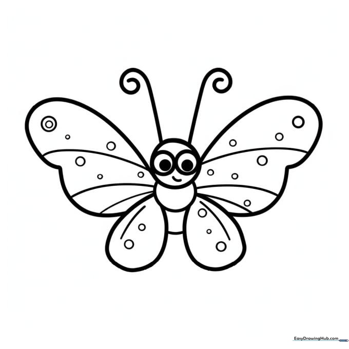A simple, friendly butterfly outline with large wings and clear, thick lines, designed for children to practice coloring within the boundaries.