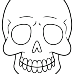 Black and white line art of a friendly cartoon skeleton face with large eye sockets and a wide grin, ready for coloring.