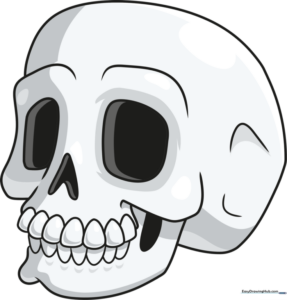 A friendly cartoon skull illustration with large eye sockets and a simple jaw, presented in a clear step-by-step drawing guide.