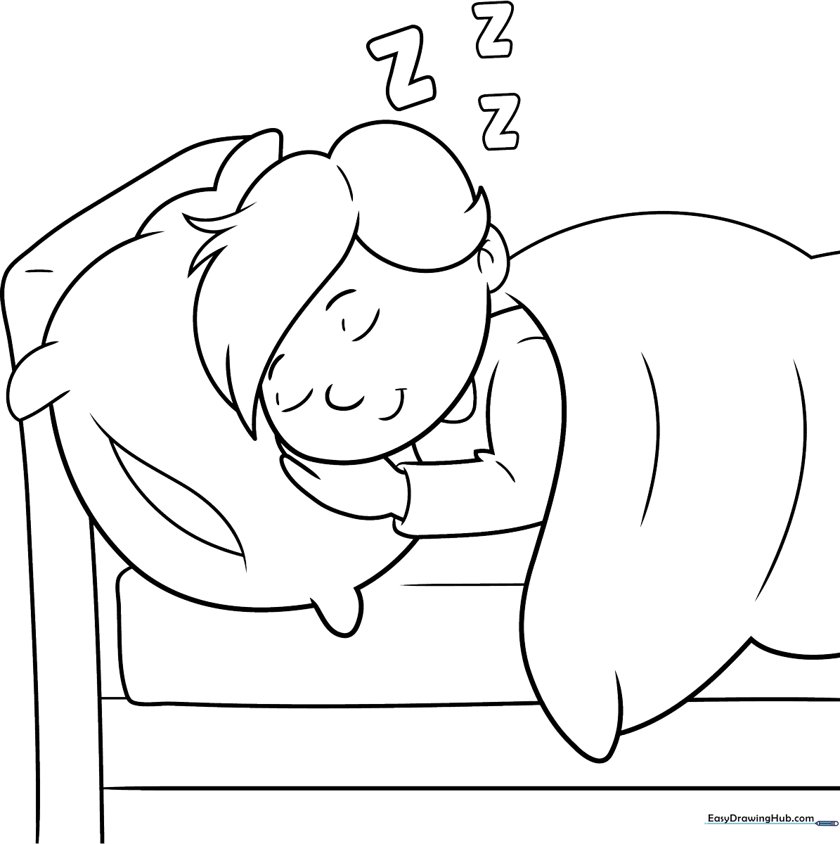 Black and white line art of a person sleeping peacefully in bed, featuring clear outlines for easy coloring by children.