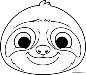 Black and white line art of a cute sloth face with large eyes and a friendly smile, ready for children to color.
