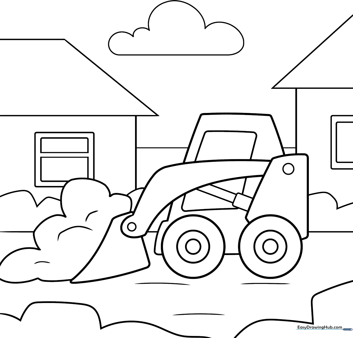 Black and white line art of a friendly cartoon snow plow with a large front blade, ready for children to color.