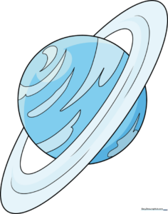 Illustration of Uranus with its distinct horizontal rings and tilted axis, shown against a dark space background.