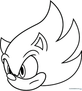Black and white line art of Sonic the Hedgehog's face featuring his signature quills and large eyes, ready for coloring.
