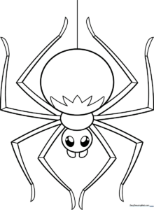 A cute, cartoon-style spider with large friendly eyes and eight simple legs, outlined in bold black lines for easy coloring by young children.