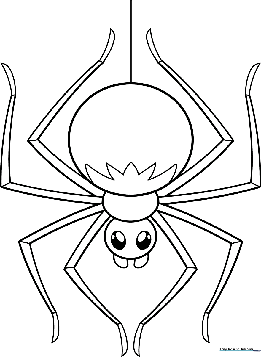 A cute, cartoon-style spider with large friendly eyes and eight simple legs, outlined in bold black lines for easy coloring by young children.