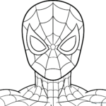 Black and white line art of Spider-Man in a classic crouching pose, featuring bold outlines perfect for children to color.