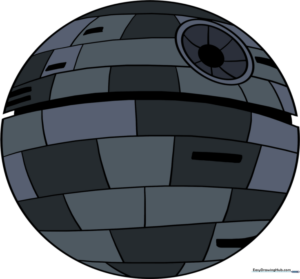 Pencil sketch of the Death Star showing the super laser port and grid-like surface panels.