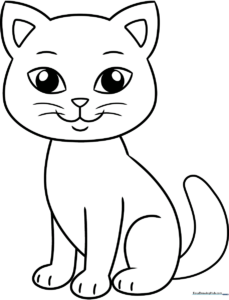 Black and white line art of a friendly cartoon cat with large eyes, designed for children to color with crayons or markers.