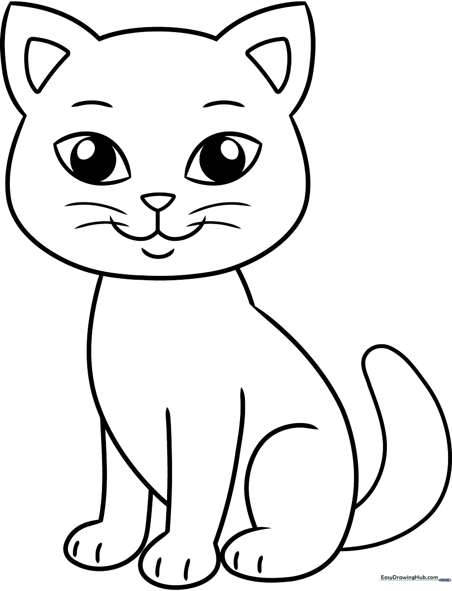 Black and white line art of a friendly cartoon cat with large eyes, designed for children to color with crayons or markers.