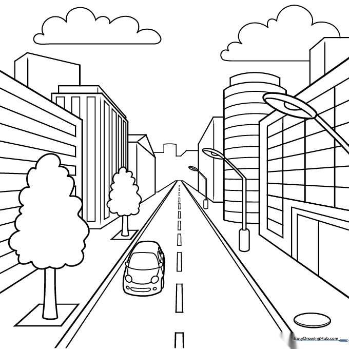 Black and white line art of a city street showing buildings converging toward a central vanishing point for perspective drawing practice.