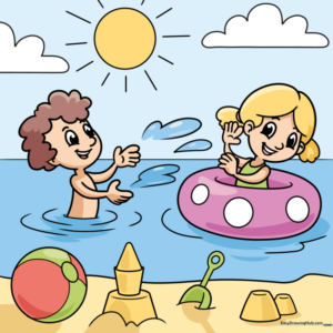 Colorful illustration of a summer beach scene with a sandcastle and beach ball