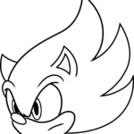 Black and white line art of Super Sonic's face, featuring his signature spiked hair and confident expression, ready for coloring.