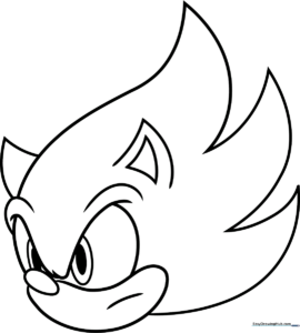 Black and white line art of Super Sonic's face, featuring his signature spiked hair and confident expression, ready for coloring.