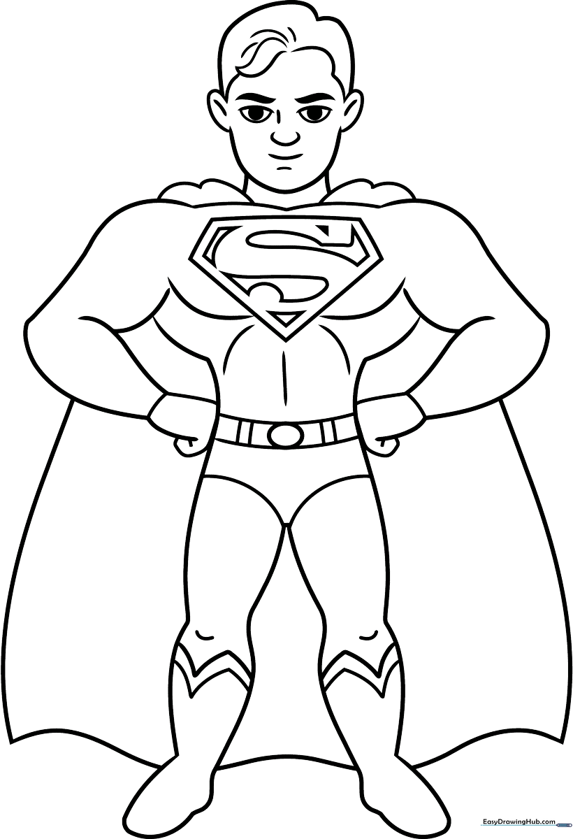 Black and white line art of Superman in a heroic pose, featuring clear outlines for children to color his cape, suit, and iconic chest emblem.