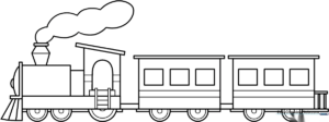 A simple, thick-lined cartoon train illustration with a steam engine and carriage, designed for children to color within the lines.