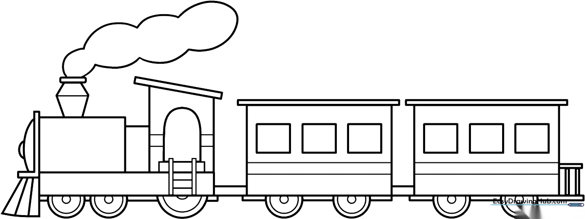 A simple, thick-lined cartoon train illustration with a steam engine and carriage, designed for children to color within the lines.