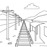 Black and white line art of a train track receding into the distance using one-point perspective, designed for educational coloring.