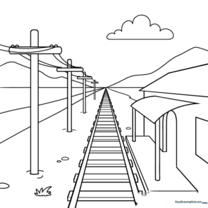 Black and white line art of a train track receding into the distance using one-point perspective, designed for educational coloring.