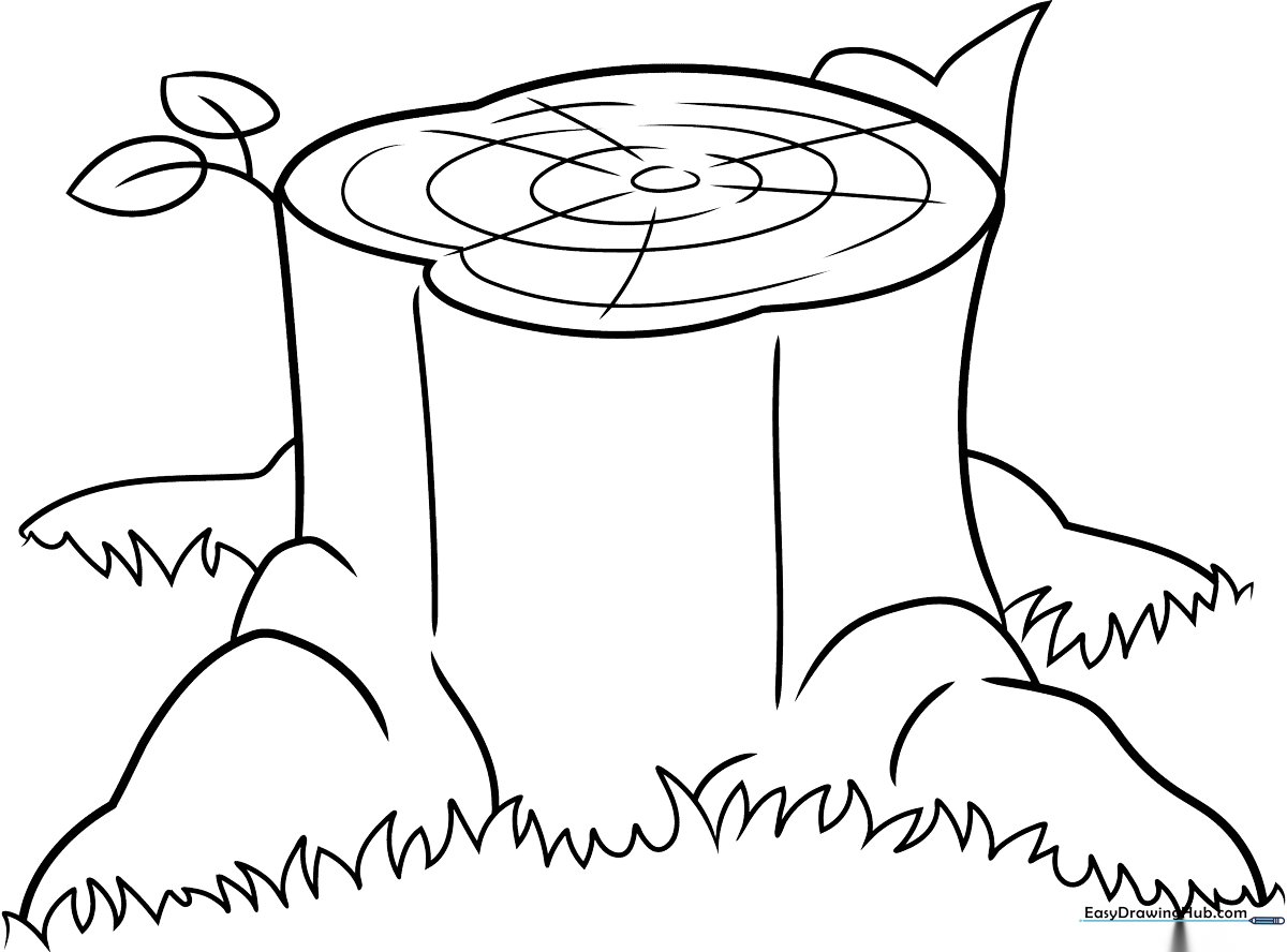 Black and white line art of a cartoon tree stump with rings and bark texture, ready for children to color.