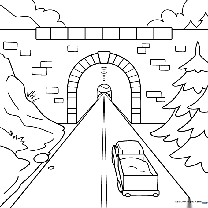 A black and white line art coloring page showing a tunnel entrance with converging lines demonstrating one-point perspective for educational art practice.