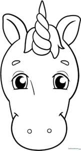 A friendly unicorn face with large eyes and a flowing mane, featuring bold outlines for easy coloring by children.
