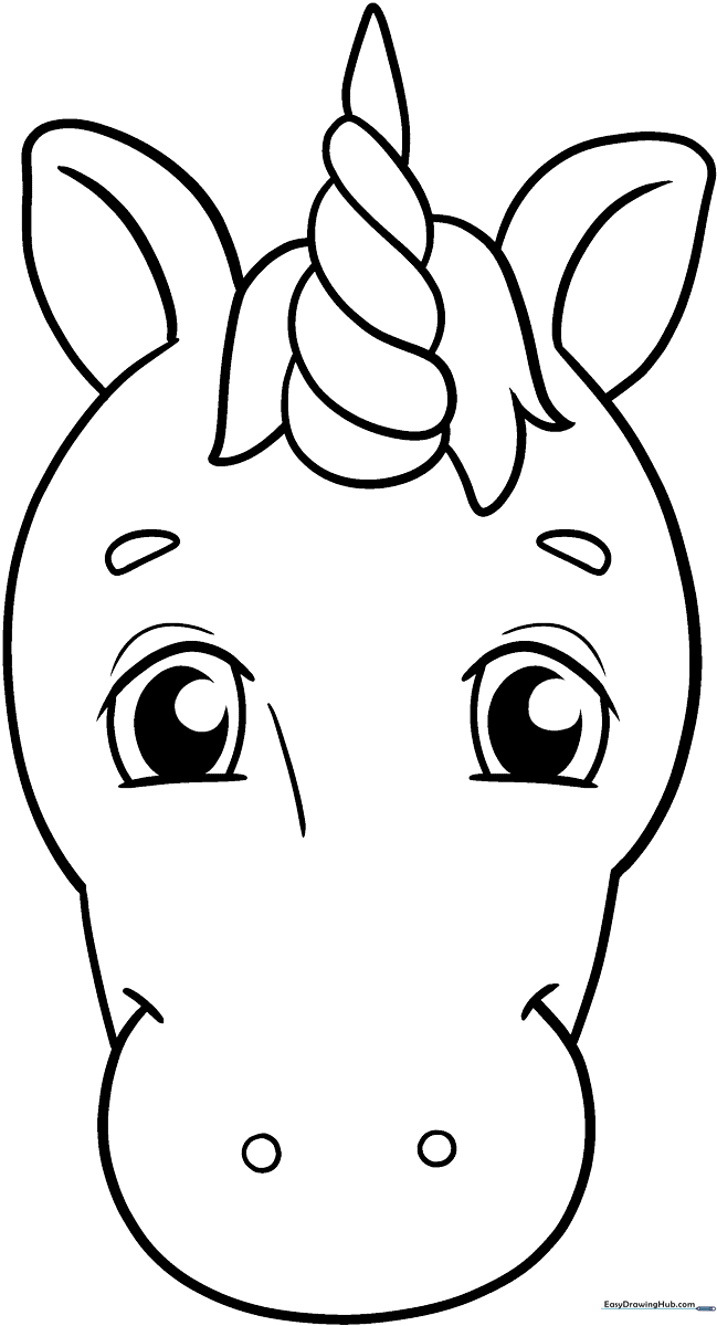 A friendly unicorn face with large eyes and a flowing mane, featuring bold outlines for easy coloring by children.