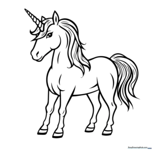 A friendly unicorn standing in profile with a flowing mane and tail, featuring bold, thick outlines perfect for young children to color.