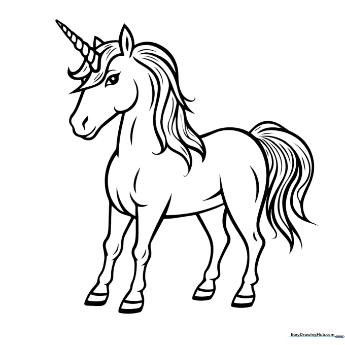 A friendly unicorn standing in profile with a flowing mane and tail, featuring bold, thick outlines perfect for young children to color.
