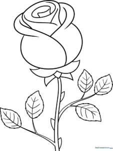 A simple, thick-lined drawing of a single rose with two leaves, designed as a coloring activity for preschool and elementary students.
