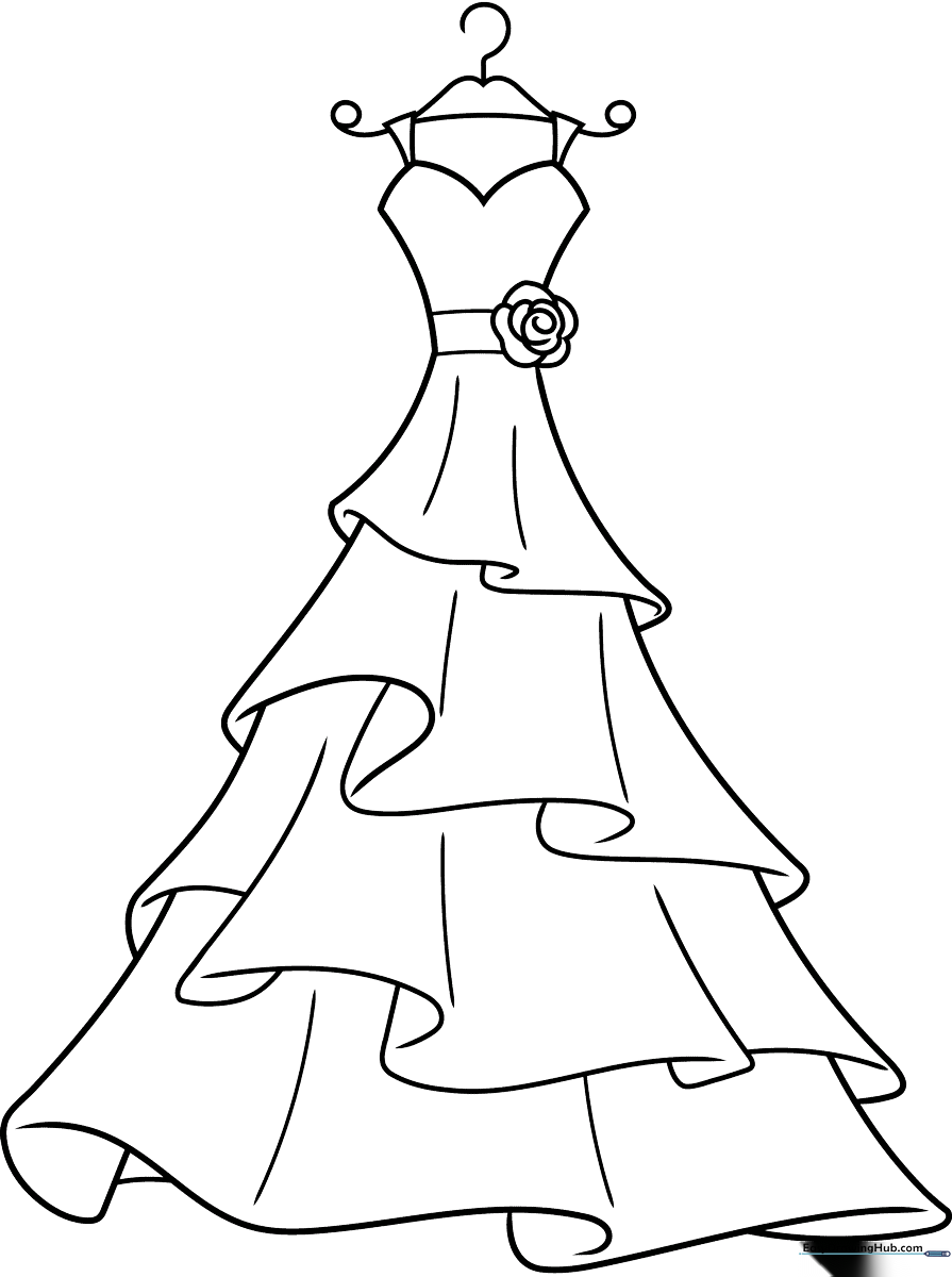 Black and white line art of a classic A-line wedding dress with a full skirt and elegant bodice, designed for children to color.
