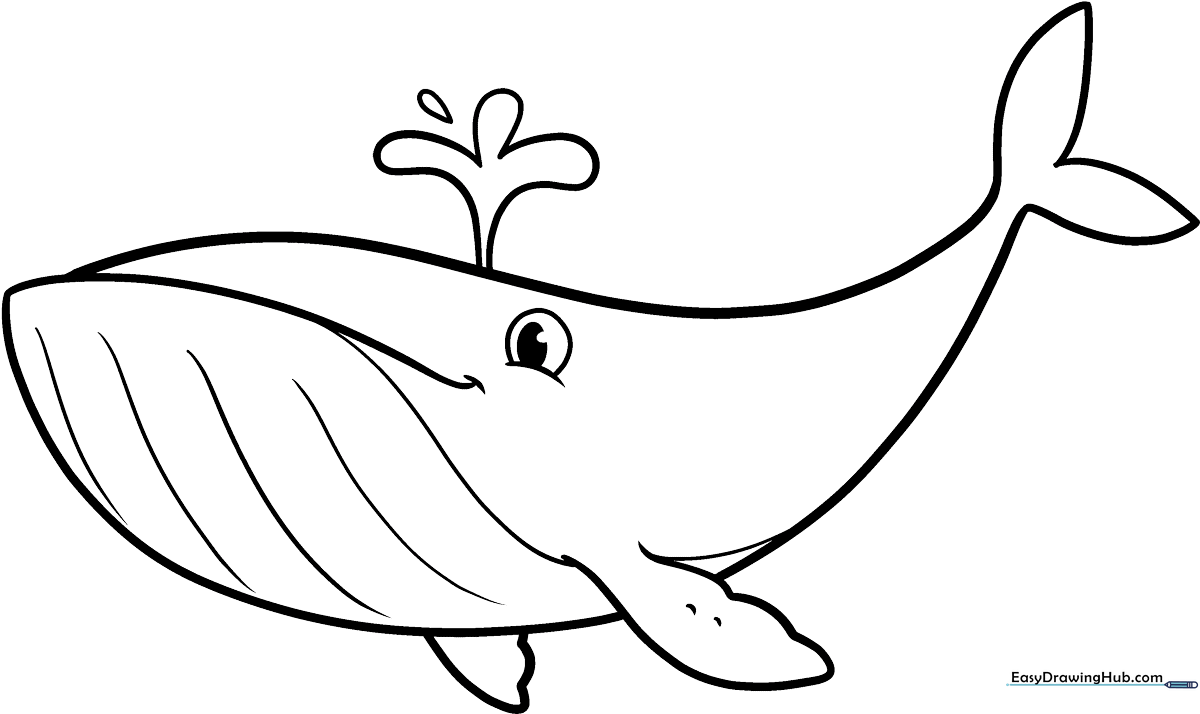 A friendly cartoon whale with a large smile and simple, bold outlines, designed for children to color easily.