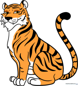 Cartoon tiger sitting in profile, illustrated in a friendly, approachable style for young artists.