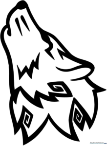 Black and white tribal wolf illustration featuring sharp geometric patterns and bold, stylized fur lines.
