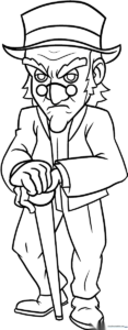 Line art illustration of Ebenezer Scrooge wearing a Victorian nightshirt and cap, designed for children to color.