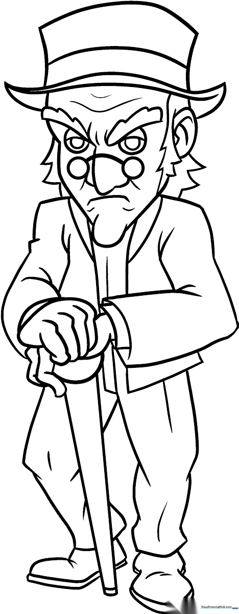 Line art illustration of Ebenezer Scrooge wearing a Victorian nightshirt and cap, designed for children to color.