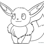 Black and white line art of Eevee from Pokemon with large ears and a fluffy collar, ready for coloring.