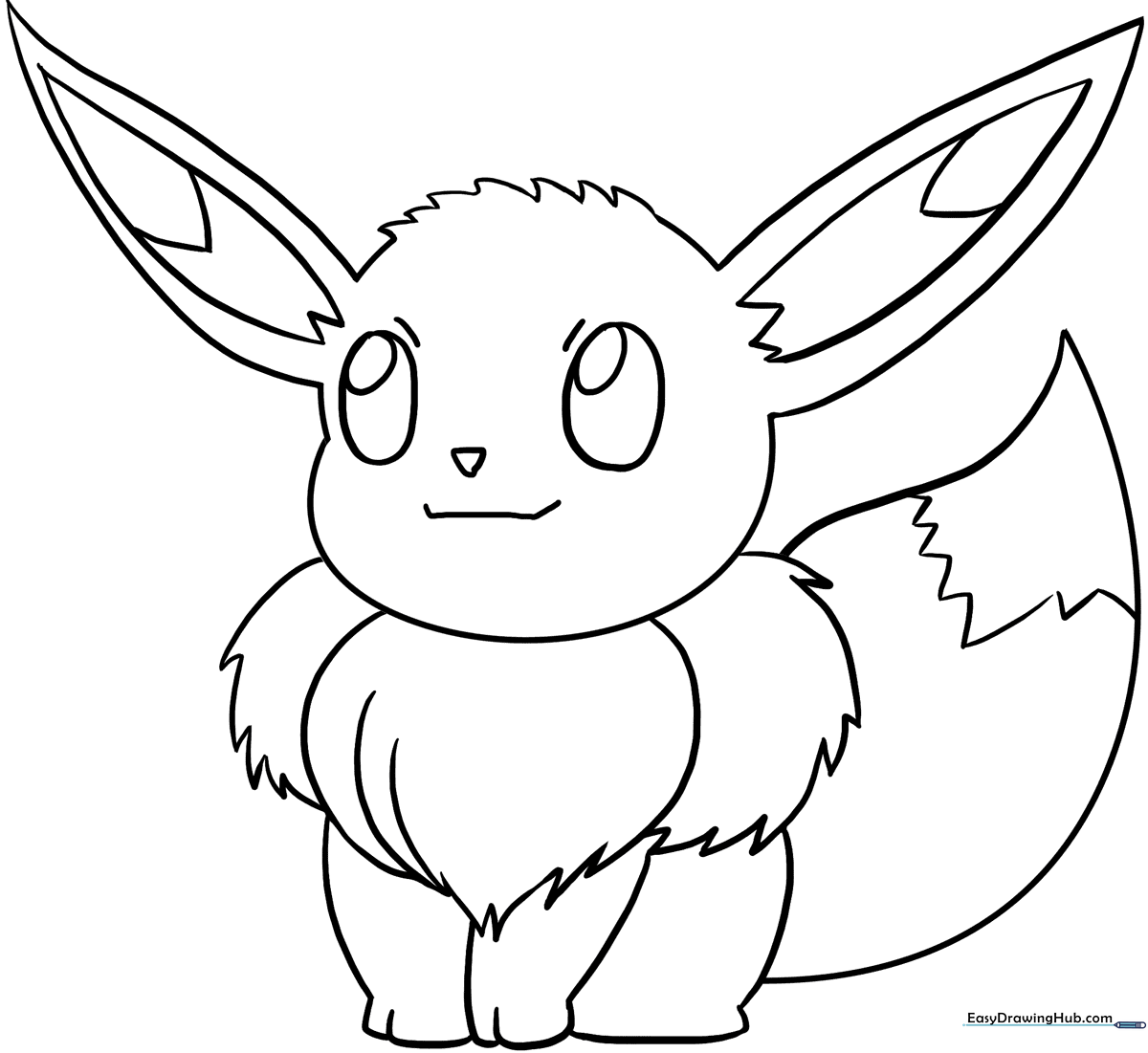 Black and white line art of Eevee from Pokemon with large ears and a fluffy collar, ready for coloring.