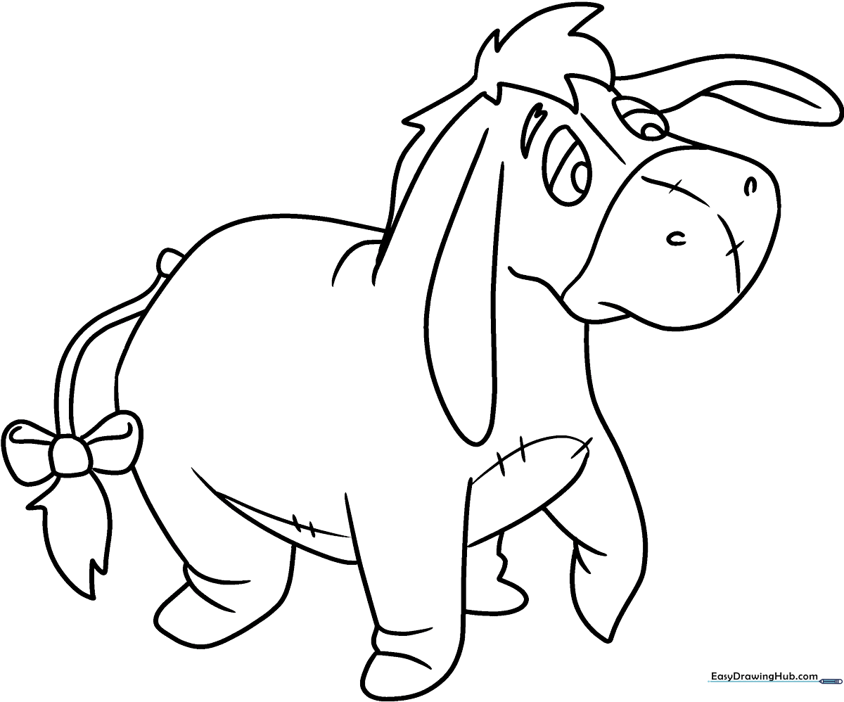 Clean line art of Eeyore standing, featuring bold outlines perfect for young children to color with crayons or markers.