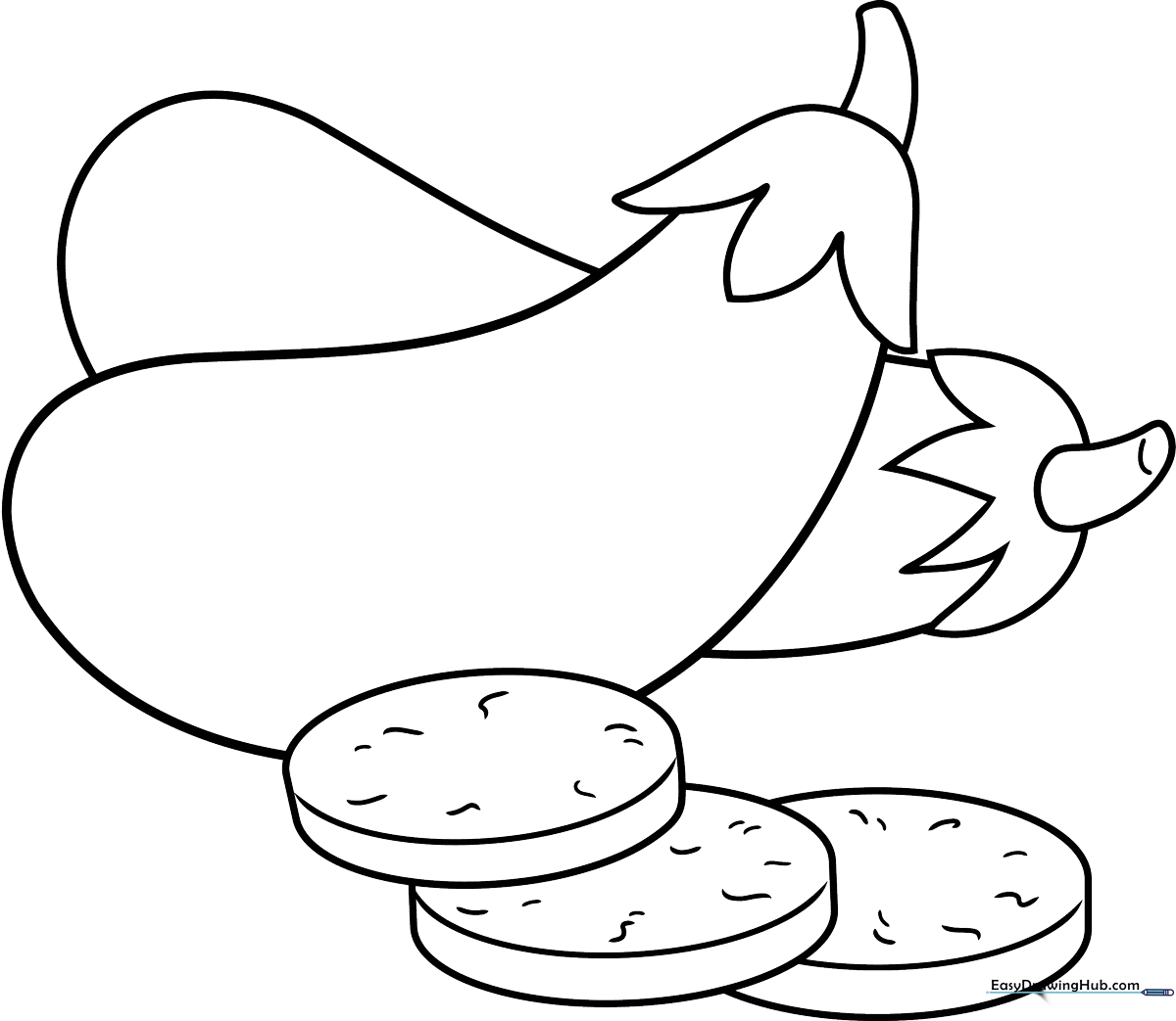 A friendly, cartoon-style eggplant with a smiling face and green stem, featuring bold outlines perfect for young children to color.
