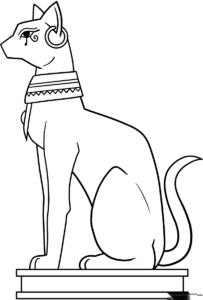 Black and white line art of an Egyptian-style cat with stylized ears and jewelry, ready for coloring.