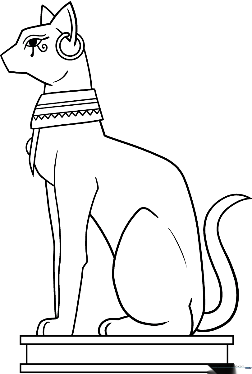 Black and white line art of an Egyptian-style cat with stylized ears and jewelry, ready for coloring.