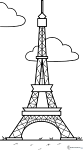 Black and white line art of the Eiffel Tower featuring clear, bold outlines for easy coloring by children.